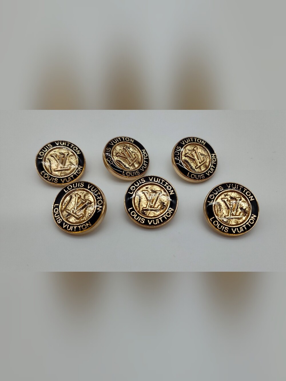 LOUIS VUITTON Authentic LV Logo Black Enamel Gold Tone Shank Buttons Set of 6